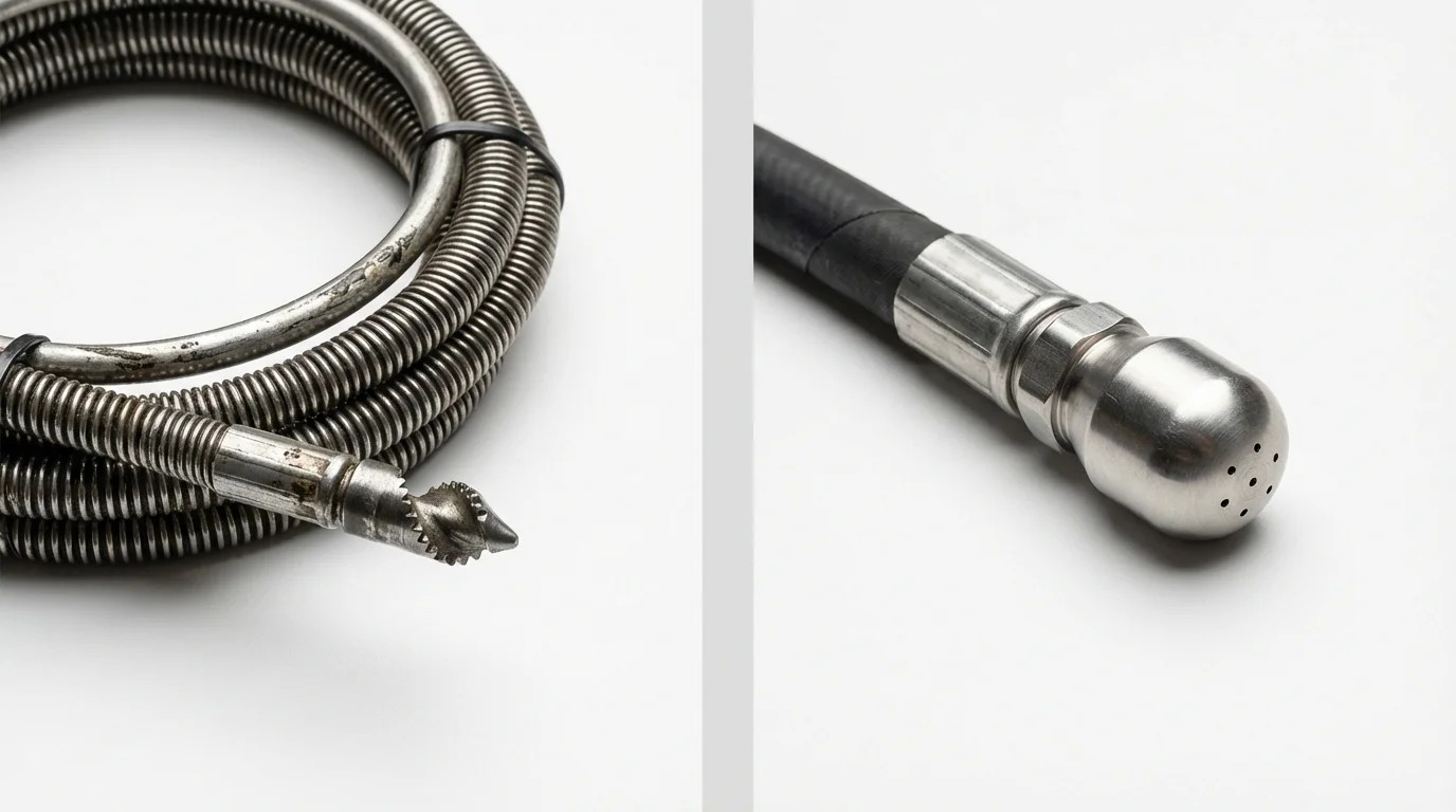 Drain snake cable and hydro jetting nozzle used for drain cleaning in Spirit Lake, ID