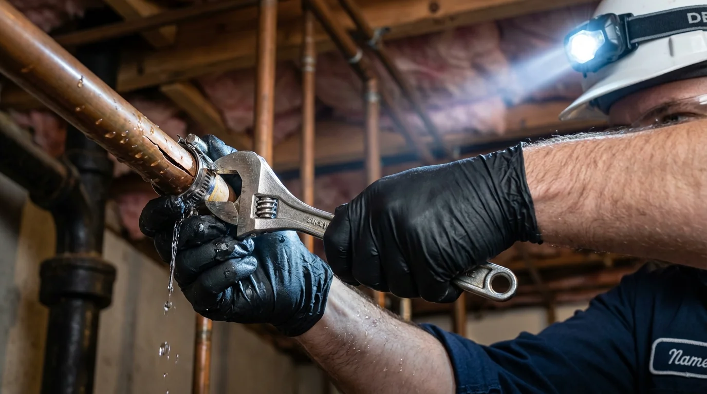 Emergency pipe clamp repair being performed by a Johns Plumbing LLC plumber in Spirit Lake