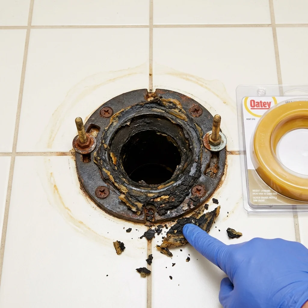 Failed wax ring showing water seepage at the base of a toilet in a Spirit Lake, ID home