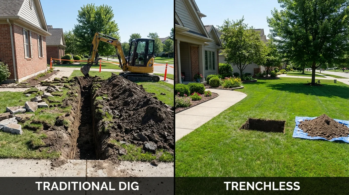Trenchless sewer repair with minimal yard damage versus traditional excavation in Spirit Lake, ID