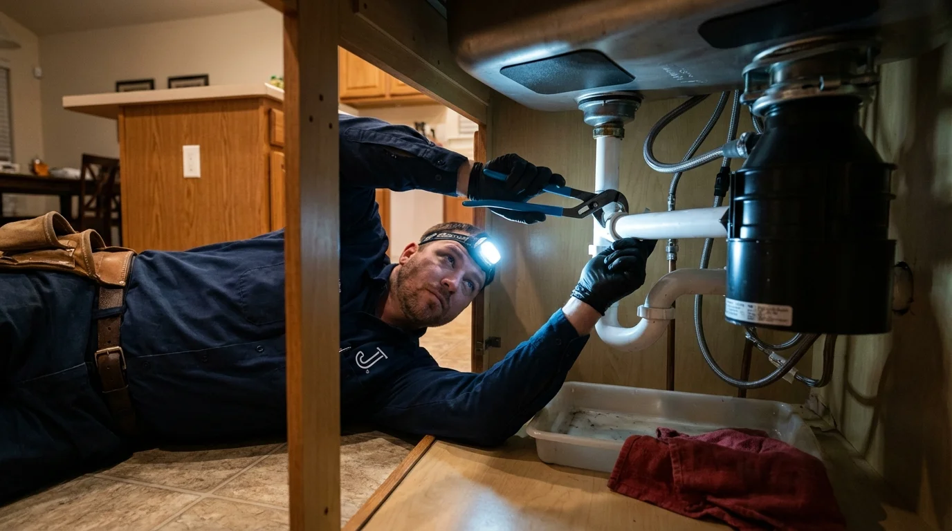 P-trap and supply line connections under a kitchen sink showing a common leak point in Spirit Lake, ID